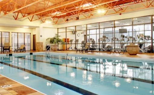A large indoor swimming pool with a glass wall on one side.