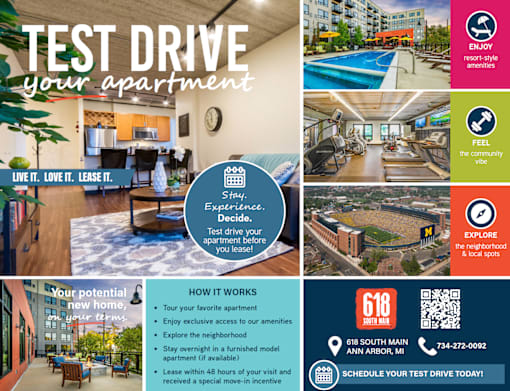 A flyer advertises a test drive for an apartment, highlighting the amenities and the process of how it works.