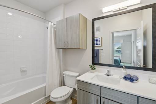 A bathroom with a white toilet, a white sink, and a large mirror. at Park South Apartments, Texas