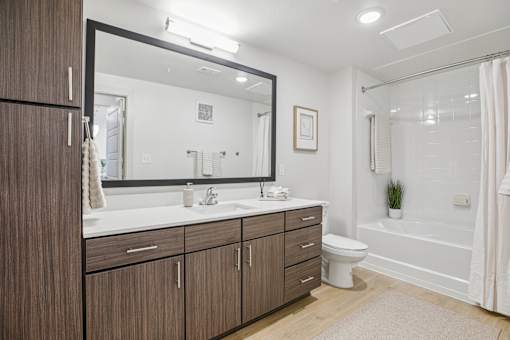 A bathroom with a white toilet, a sink, and a bathtub. at ThreeTwenty at the Vybe Apartments, Kyle, Texas