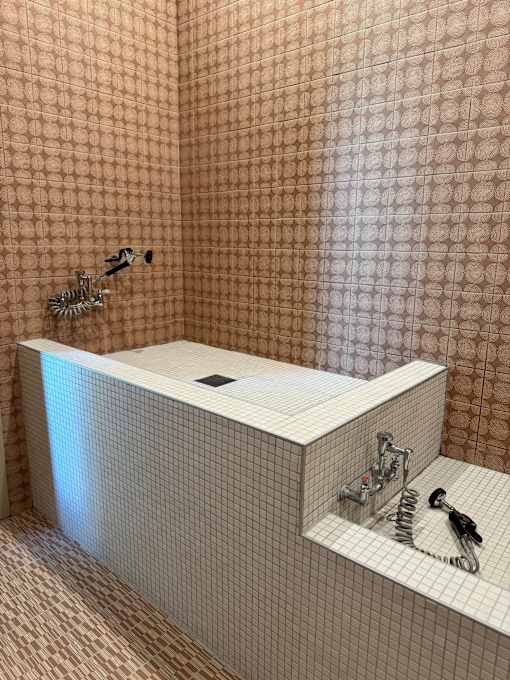 A white bathtub with a silver faucet and shower head in a bathroom with pink tiled walls.