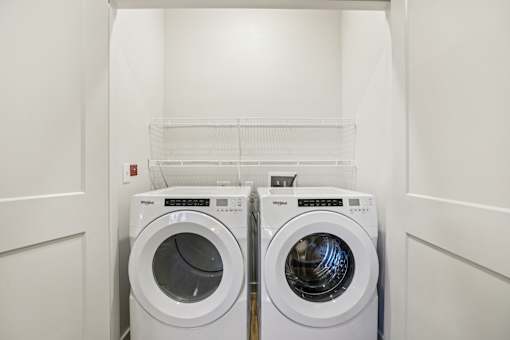 Inunit laundry with stacked wire shelving at Matador Apartments, Austin