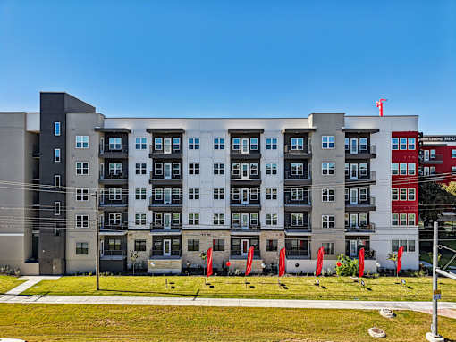 Modern apartment building exterior with balconies at Matador Apartments, Austin, TX