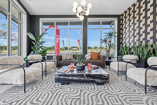 A living room with a black and white patterned rug and a large window with a view of the outdoors.