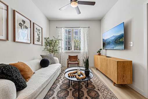 A living room with a couch, a coffee table, a TV, and a plant.