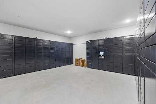 A room with a white ceiling and black storage units.