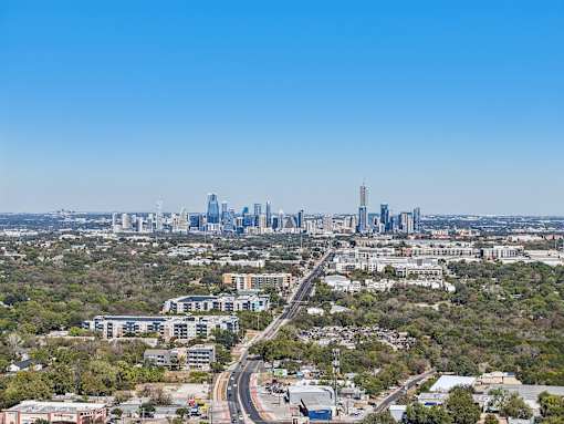 Elevated skyline view with downtown high rises at Matador Apartments, Austin