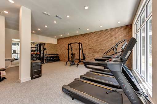 A gym with treadmills and weights.