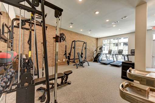A gym with a variety of equipment including a treadmill, weights, and a bench press.