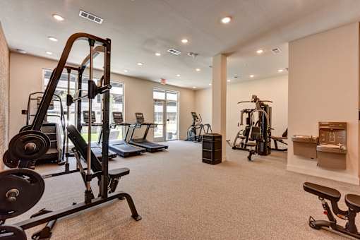 A spacious gym with a variety of equipment including a treadmill, weight bench, and exercise machines.