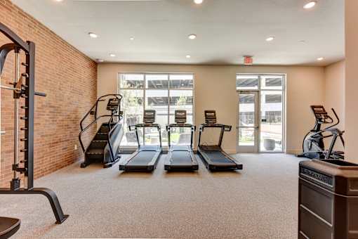 A gym with treadmills, elliptical machines, and a weight bench.