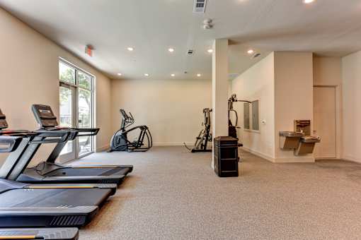 A spacious gym with treadmills, elliptical machines, and a weight bench.