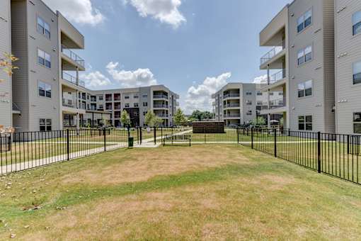 Courtyard with lawn space and black perimeter fencing at Cantarra Apartments, Manor