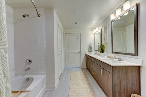 Bathroom with double vanity and soaking tub at Cantarra Apartments, Texas, 78653