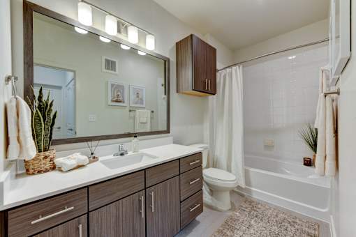 Bathroom with soaking tub and vanity storage at Cantarra Apartments, Manor, TX