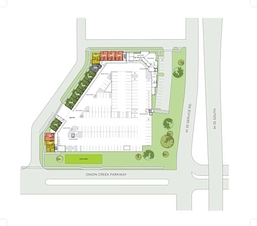 A map of a parking lot with Onion Creek Parkway on the right side.