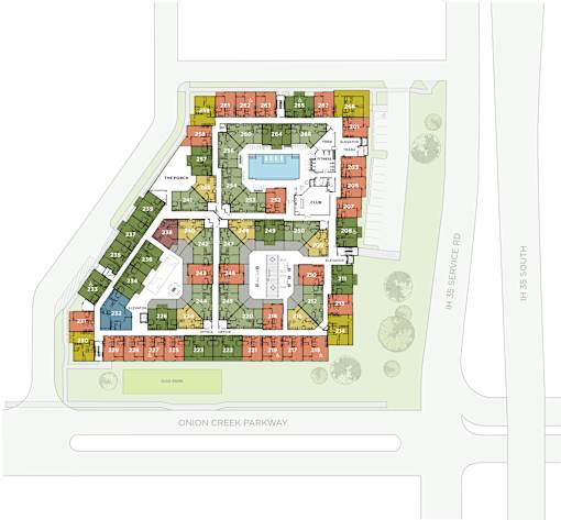 A map of a neighborhood with Onion Creek Parkway running through it.
