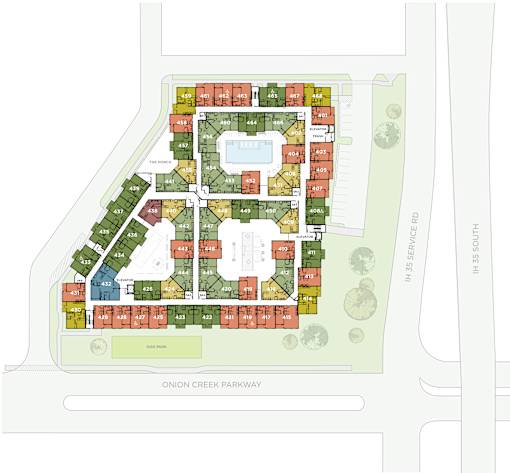 A map of a neighborhood with Onion Creek Parkway running through it.