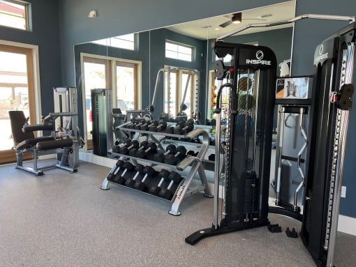a fully equipped gym with weights and cardio equipment at Delco Flats, Texas, 78717