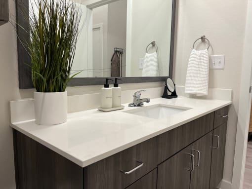 A luxury bathroom with large mirror and quartz counters at Bridge at Windsor Park