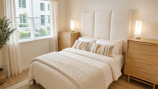 A bedroom with a large bed, two lamps, and a window with white curtains.