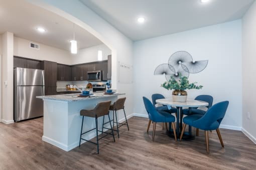 Kitchen island of a spacious luxury apartment at Bridge at Paloma 78754 Northeast Austin