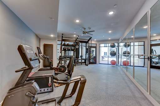 A gym with treadmills, weights, and exercise balls.