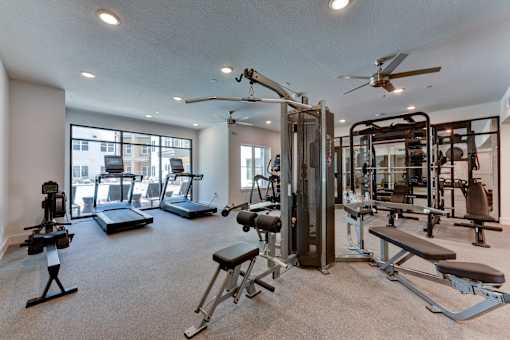 A spacious home gym with a variety of equipment including a treadmill, elliptical machines, and weight machines.