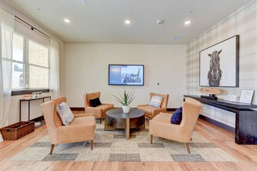A living room with a television, a sofa, a chair, a table, and a potted plant.