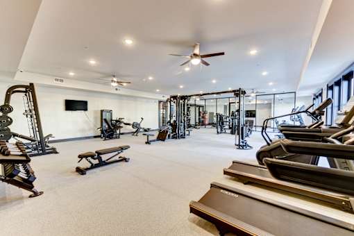 A spacious gym with a variety of equipment including treadmills, weights, and a television.