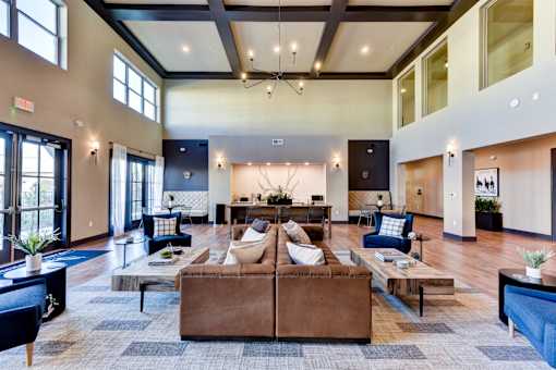 A large, open living room with a brown couch and a rug.