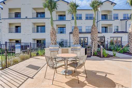 A patio with a table and chairs is surrounded by palm trees.