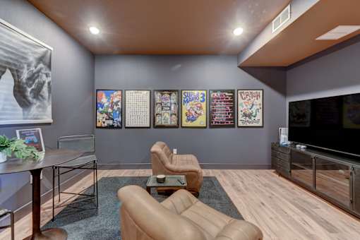 A living room with a brown couch, a coffee table, a TV, and a wall with posters.