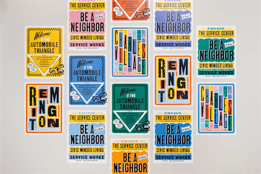 A collection of stickers with the words "The Service Center" and "Be a Neighbor" on them.