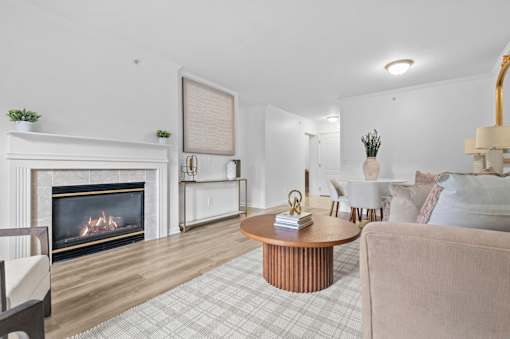Living room with fireplace and modern furnishings at Regents Club of Troy Apartments, Michigan, 48084