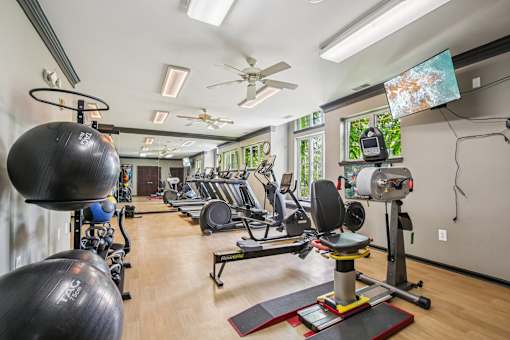 A gym with a variety of equipment including treadmills, weights, and a television.