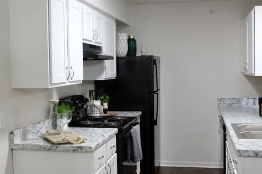 Updated kitchen at Riverwood. The walls are white with white cabinets on top and on bottom. There is a light speckled countertop with updated appliances. There is a stove to the left with a fridge and a sink and dishwasher to the right. There are dark wood-like flooring.