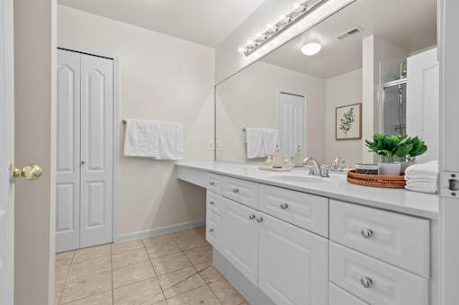 Master bathroom with double sink vanity at Regents Club of Troy Apartments, Michigan