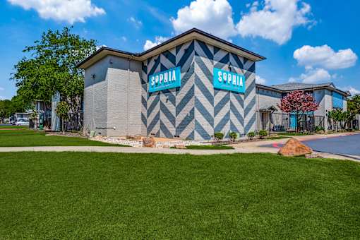 A building with a chevron pattern and the word "Sophia" on it.