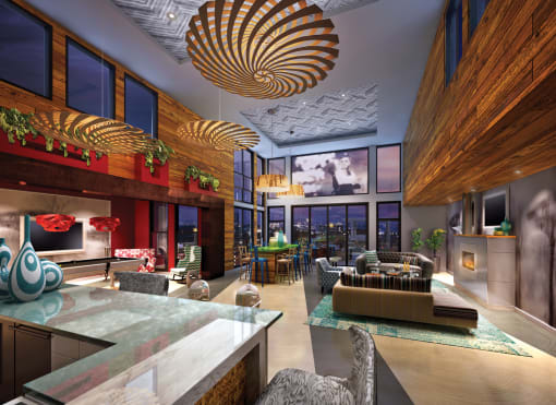 a rendering of a living room with a kitchen and a large window at Ann Arbor City Club, Michigan