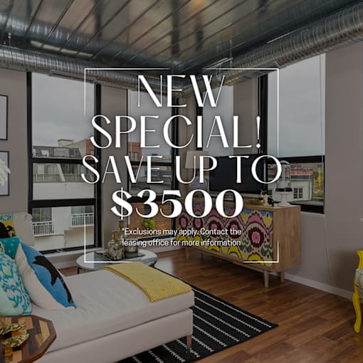A modern living room with a large window and a view of the city, advertising a special offer to save up to $3500.