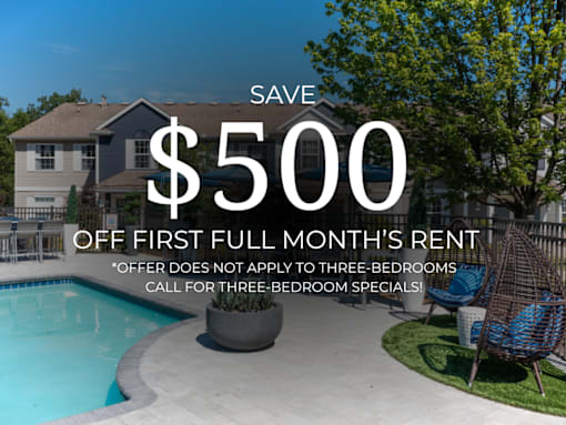 A poolside image advertising a $500 discount on the first full month's rent.