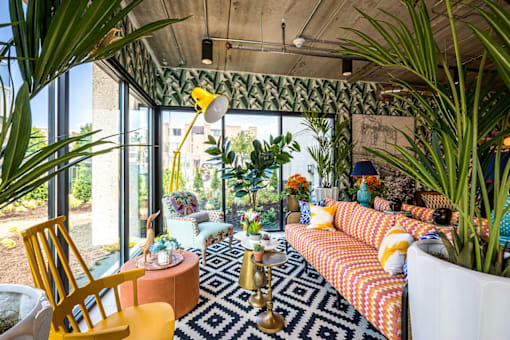 funky living area at City Club Apartments Lafayette Park, Detroit