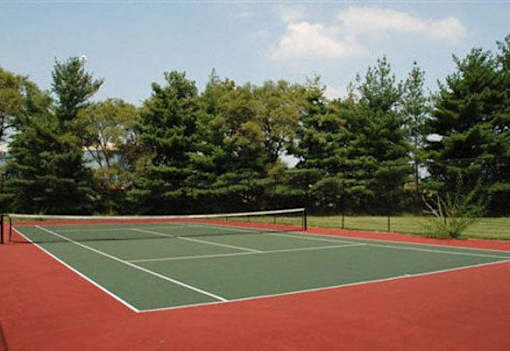a tennis court with trees in the background