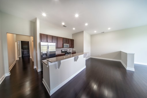 Kitchen with high ceilings, ressessed lighting,