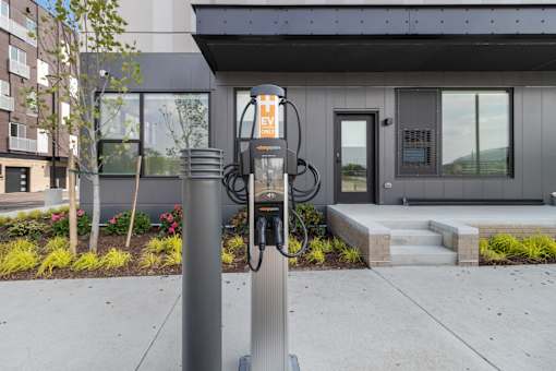 Charging station for electric vehicles at Lafayette West Apartments, Detroit, Michigan