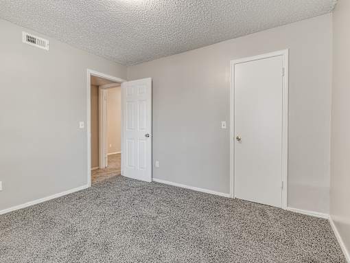 A room with two doors and a carpeted floor.