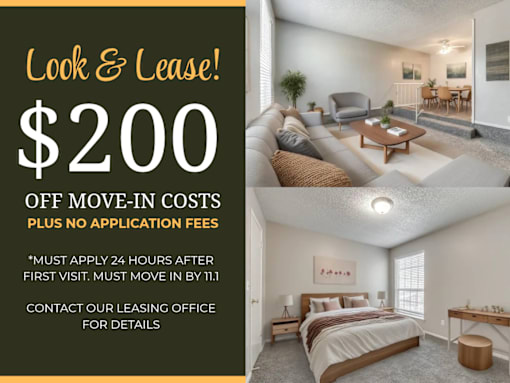 A promotional image for a lease offer with a $200 discount on move-in costs and no application fees.