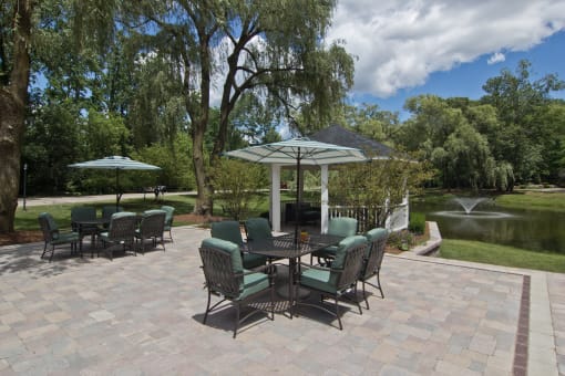 Patio furniture on deck overlooking pond