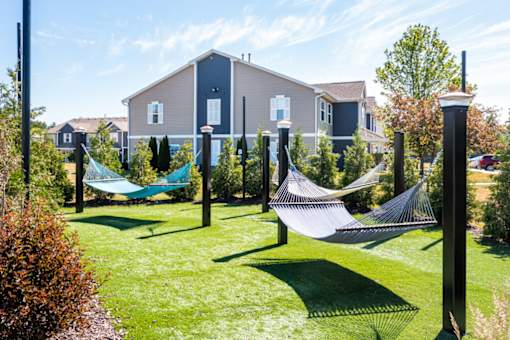 a yard with hammocks and houses in the background